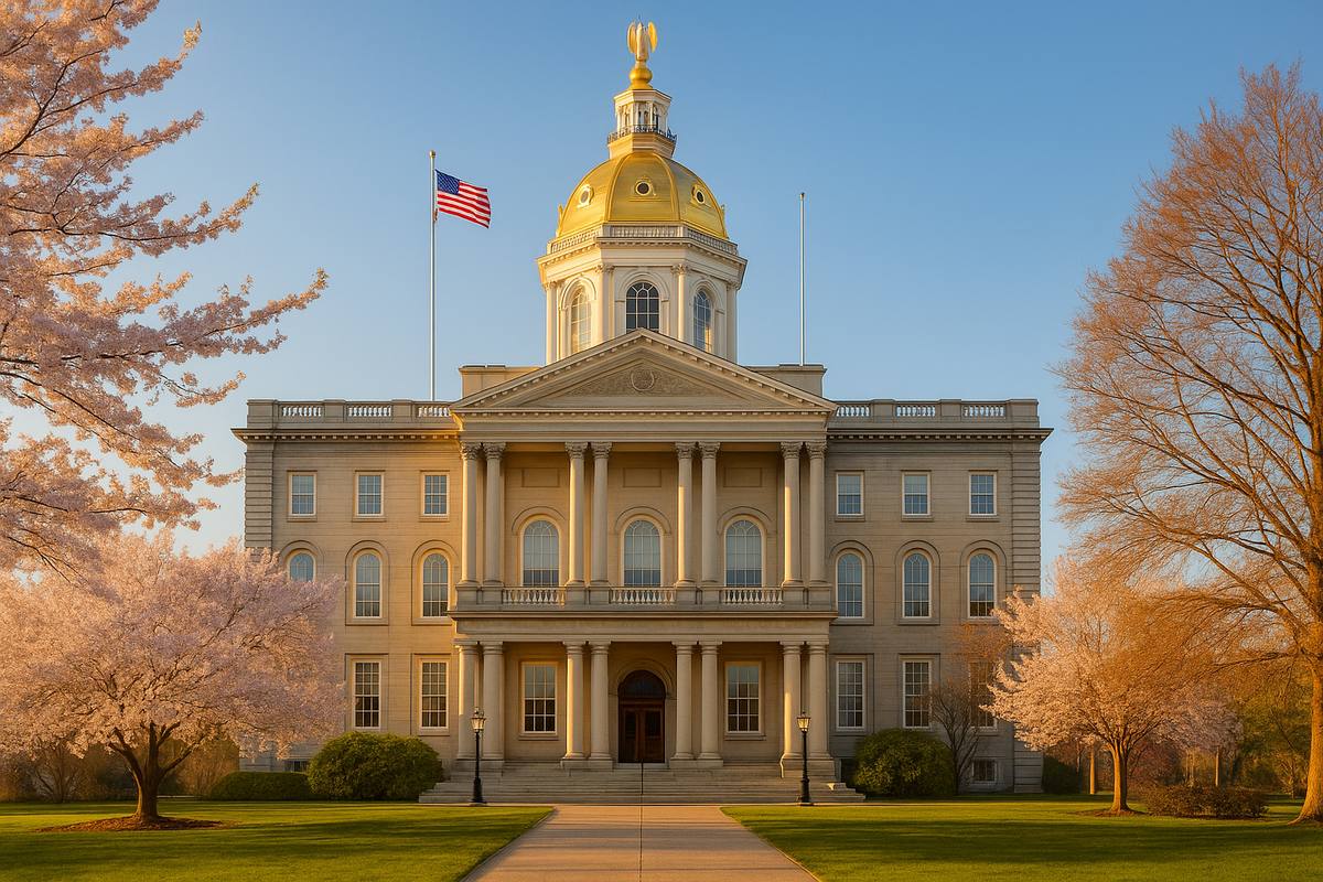 New Hampshire State House with American flag