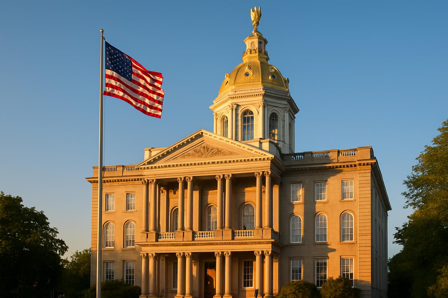 New Hampshire State House with American flag
